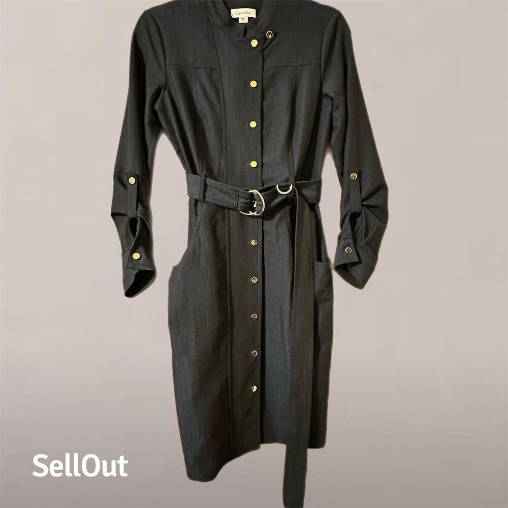 Blue/Black Long Sleeve Belted Calvin Klein Dress with Gold Accents, Size 4